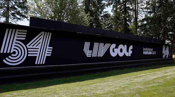 Golf signage is seen during the second round of the 2022 LIV Golf tournament at Pumpkin Ridge Golf Club.